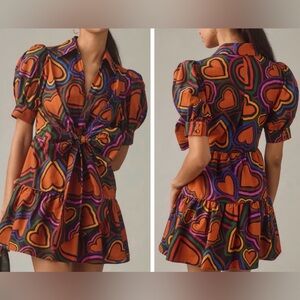 Farm Rio Heart Print Front-Bow Mini Dress